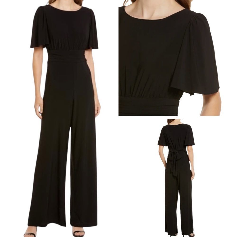 Julia Jordan Black Flutter Sleeve Stretch Jersey Wide Leg Jumpsuit Sz 12